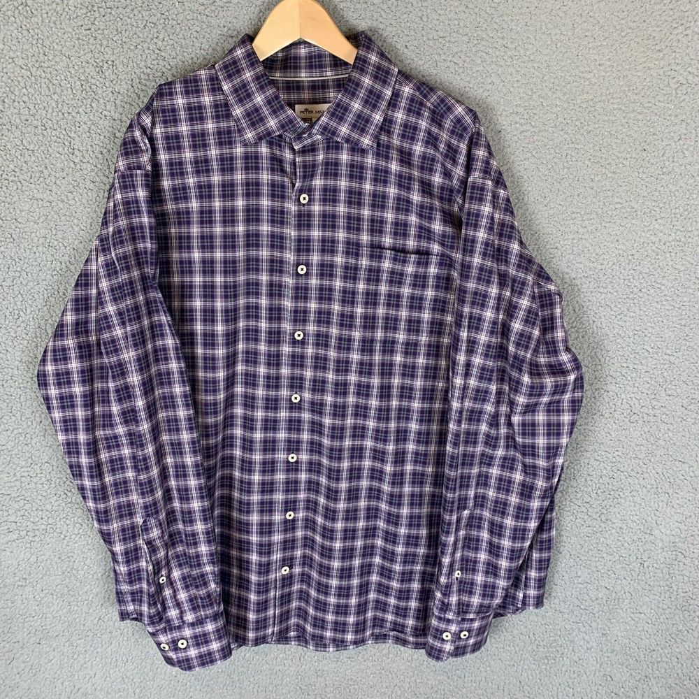 Peter Millar Shirt Men's XXL Blue Plaid Long Sleeve Button Up Cotton Casual